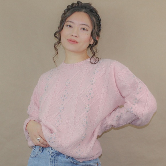 Vintage Sweaters - vtg 80 pink wool english country folk sweater